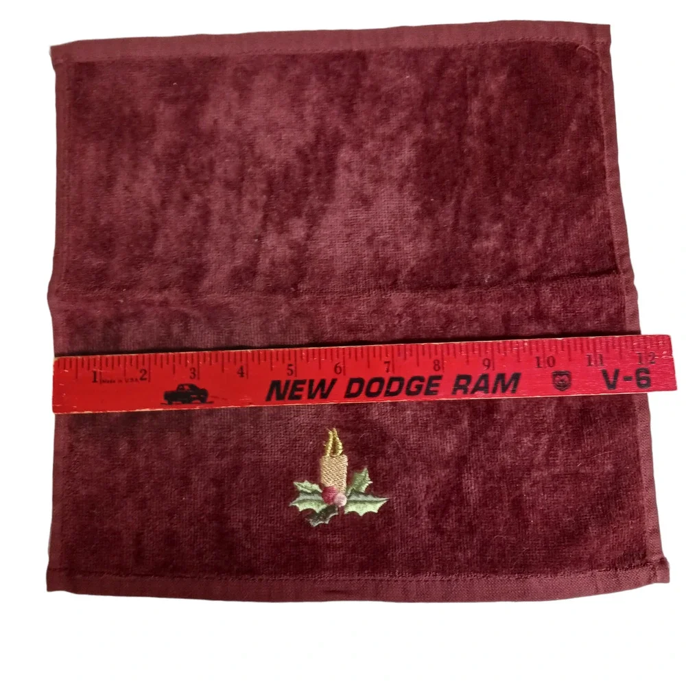 🛀🏻🍂2 Vintage Brown Holiday Washcloth Set Candle Holly Embroidered Christmas